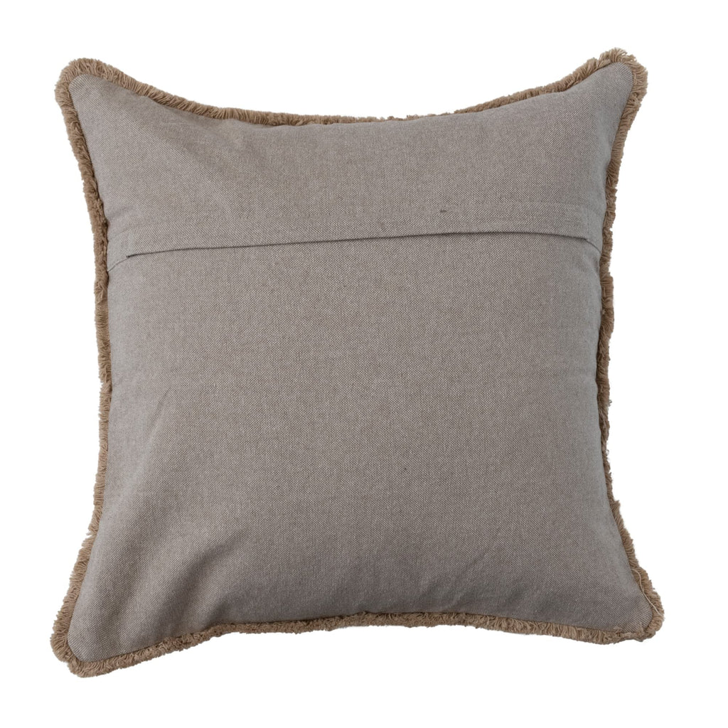 Cotton Slub Throw Pillow Cover with Geometric Embroidery and Fringe, Brown