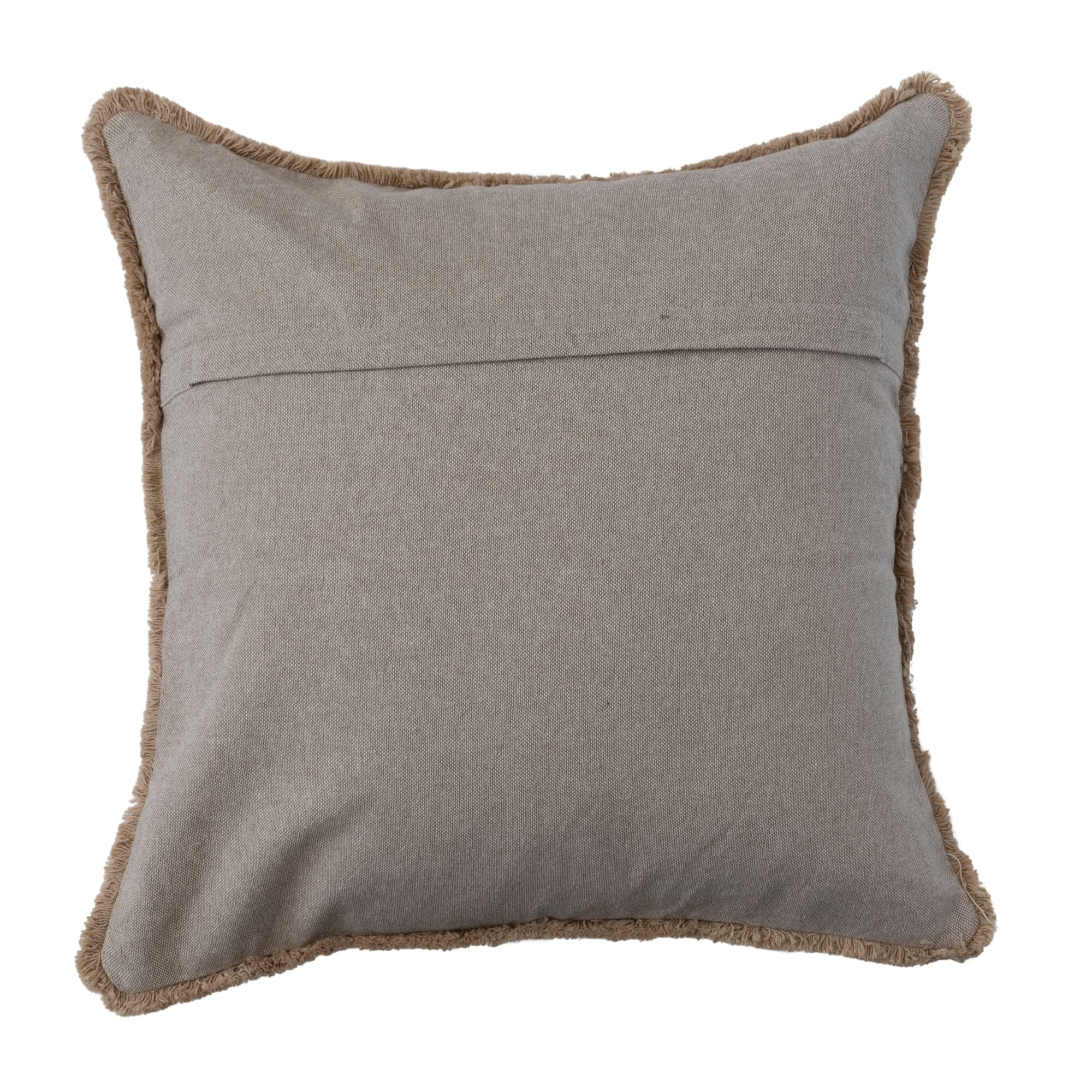 Cotton Slub Throw Pillow Cover with Geometric Embroidery and Fringe, Brown