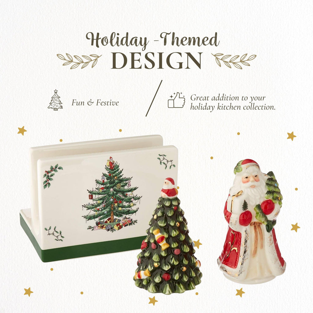 Spode Christmas Tree 3-Piece Hostess Set - Napkin Holder, Salt Shaker & Pepper Shaker (Santa & Tree Figural) - Festive Earthenware for Christmas, Holiday Entertaining - Decorative Gift Set