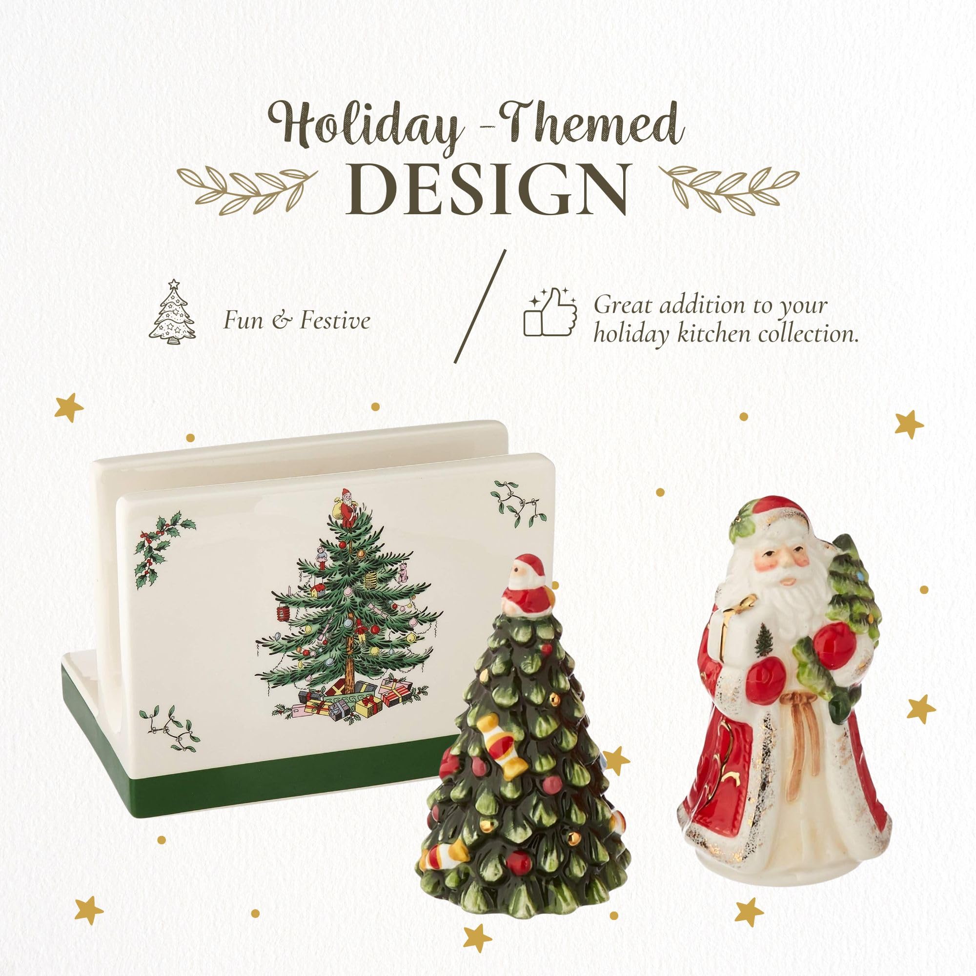 Spode Christmas Tree 3-Piece Hostess Set - Napkin Holder, Salt Shaker & Pepper Shaker (Santa & Tree Figural) - Festive Earthenware for Christmas, Holiday Entertaining - Decorative Gift Set