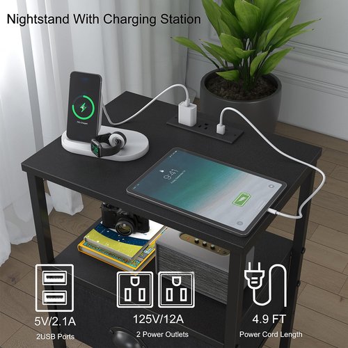 Sthmec Nightstands Set of 2, LED Bedside Tables with Charging Station and Fabric Drawer, Night Stand with Storage, 3 Tier Side Table with Open Shelf, LED Nightstand with Charging Station, Black