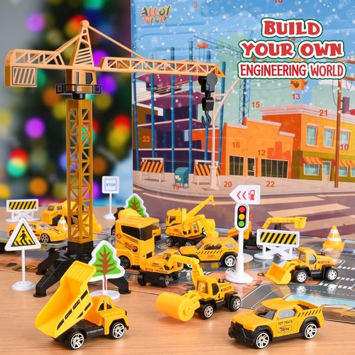 Advent Calendar - Alloy Construction Engineering Vehicle Toy Set with 2 Mats | Perfect Christmas Gift for Boys Ages 3-8 (Yellow)