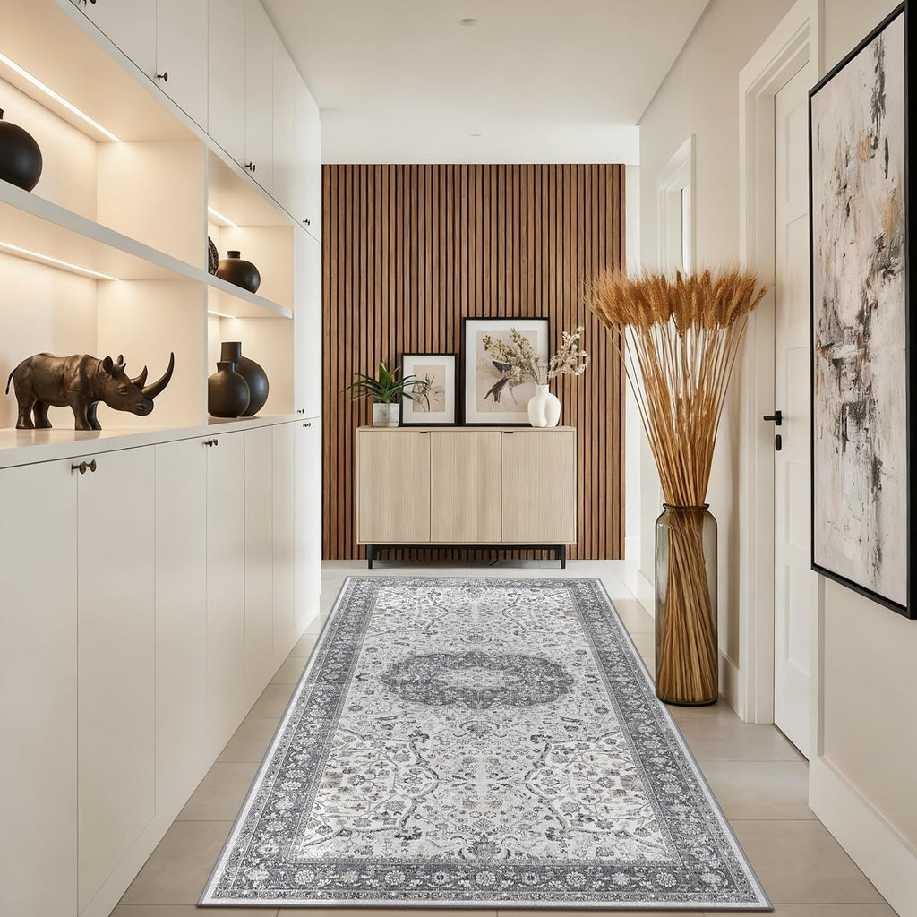 Regine Switzerland 4x8 Washable Runner Rug - Stain Resistant Oriental Design | Soft Non-Slip Carpet for Entryway, Kitchen, and Bathroom (Grey)