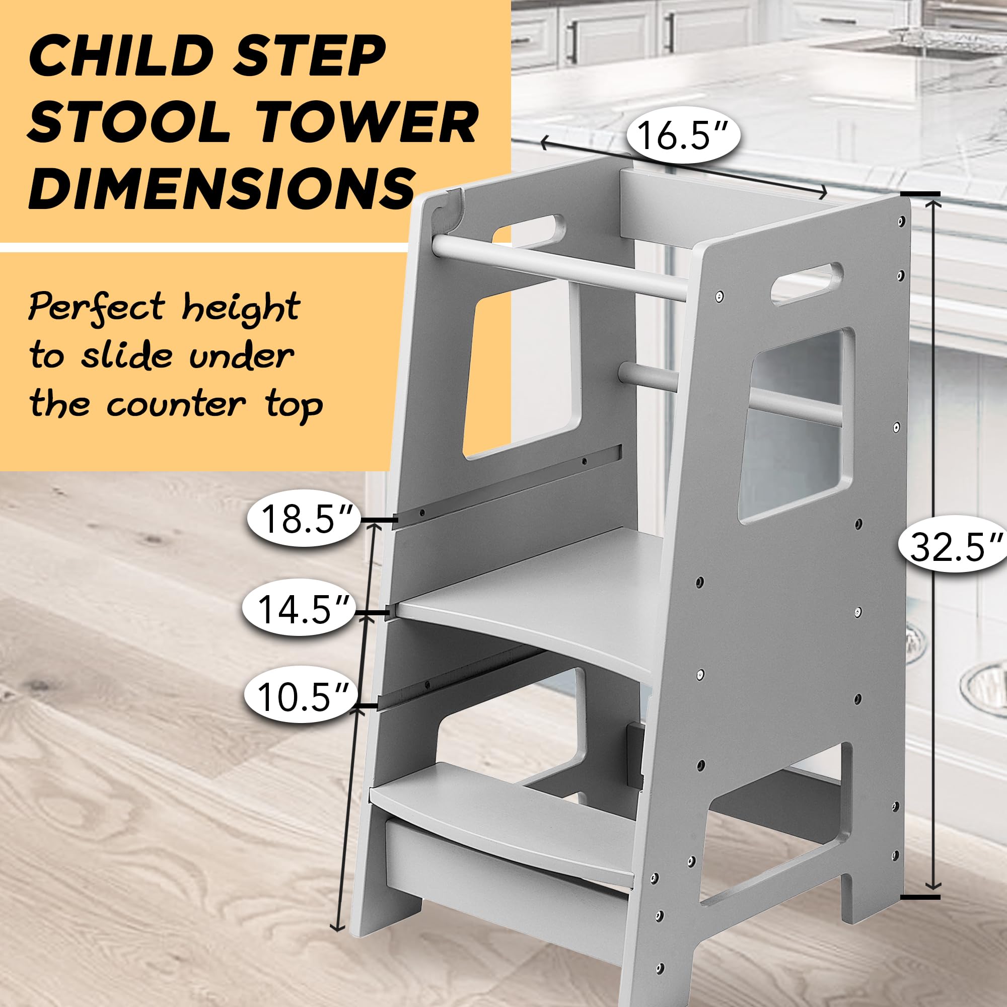 FOSSICS Stool Buddy Child Step Stool Tower for Kids | Toddler Wood Stepping Stool with Safety Rail | 3 Adjustable Heights | for Kids use in Kitchen or Bathroom [Grey]