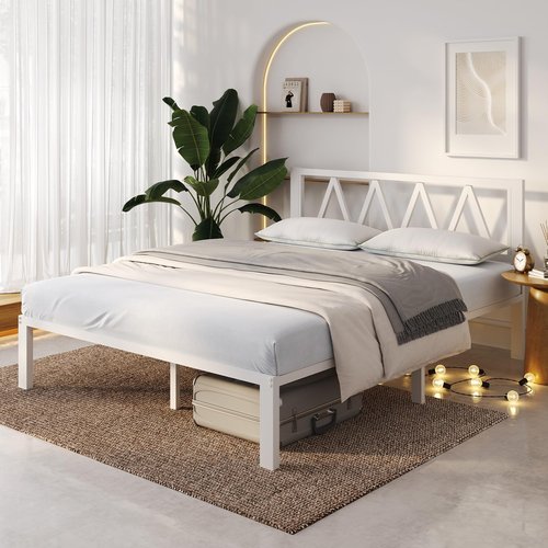 Novilla 14 Inch Full Size Bed Frame with Headboard, White Metal Platform Bed Frame, Full Bed Frame No Box Spring Needed, Easy Assembly