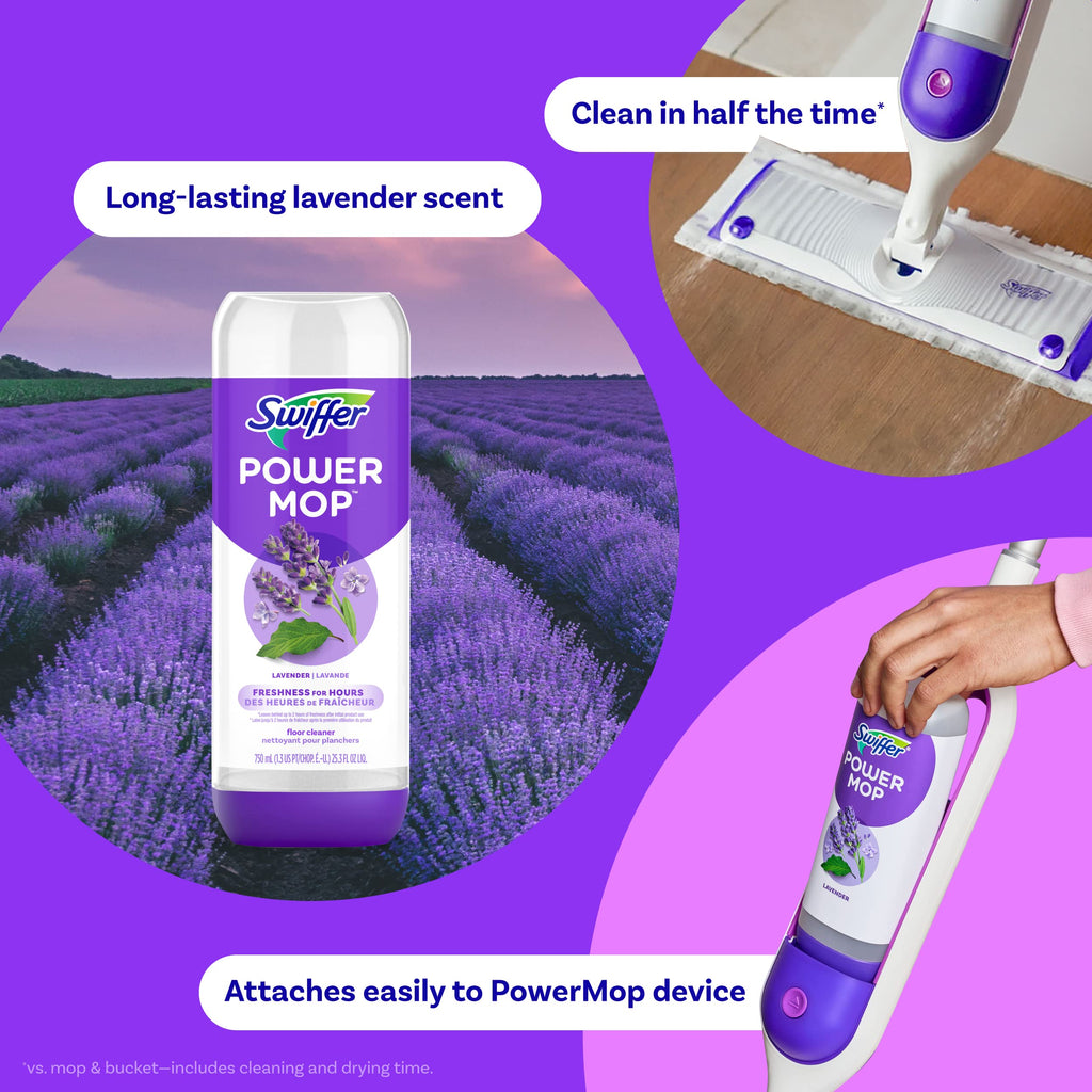 Swiffer Power Mop Refill Pack, Floor Cleaner for Mopping Tile, Vinyl, Laminate, Wood in Home, Bathroom, Kitchen, All Purpose Multi-Surface Cleaning, 5 Pads + 1 Lavender Solution