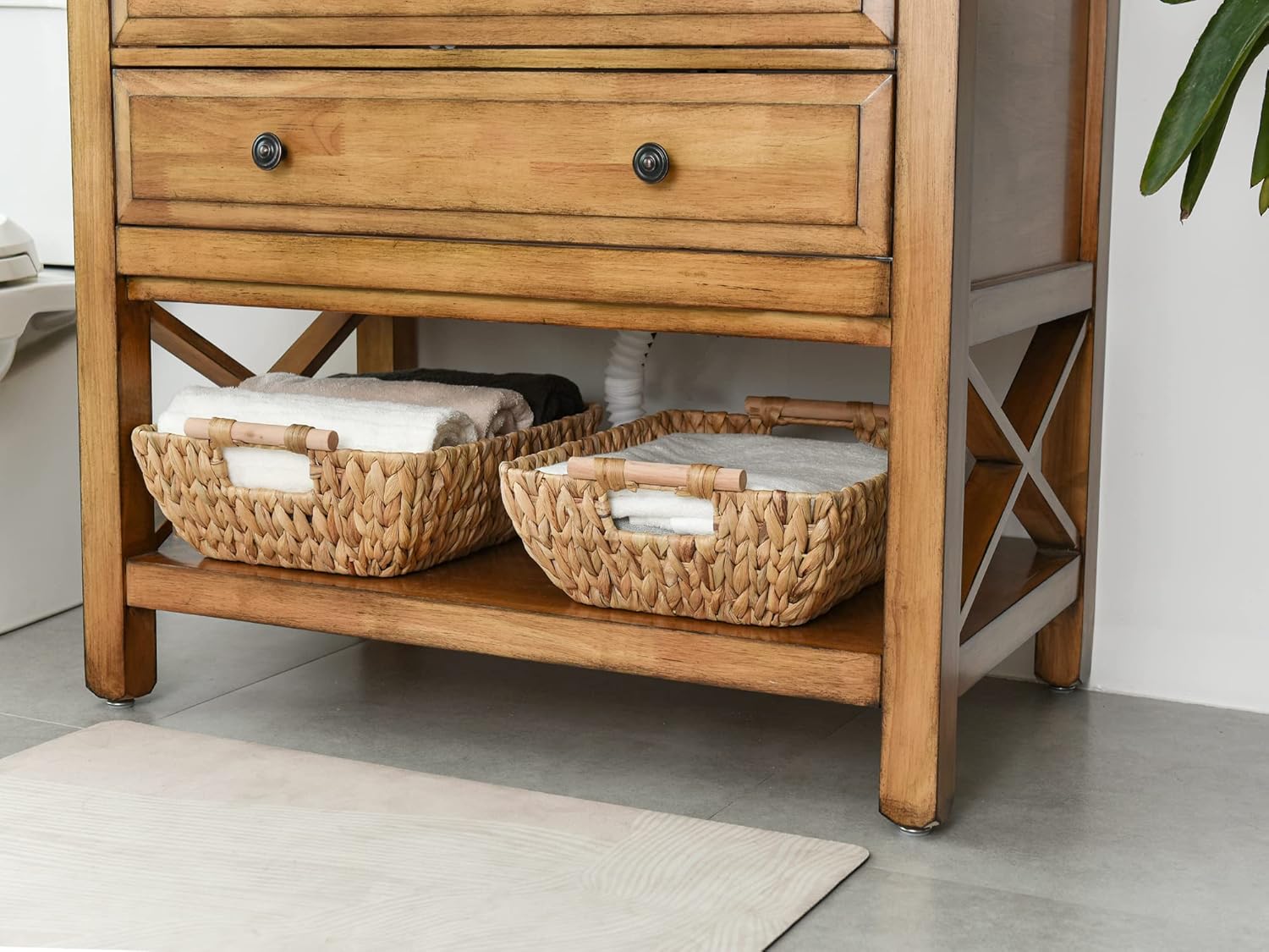 StorageWorks Hand-Woven Storage Baskets - Stylish Water Hyacinth Organizers with Wooden Handles | 2 Pack
