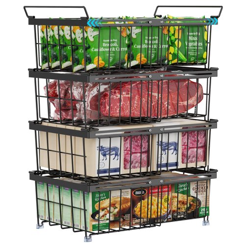 iSPECLE 4 Pack Freezer Organizer Bins, Adjustable Wire Baskets for 10 to 20 Cu.Ft Chest Freezer, Stackable Storage with Handles, Deep Freeze Organizer for Meat & Vegetables, Black