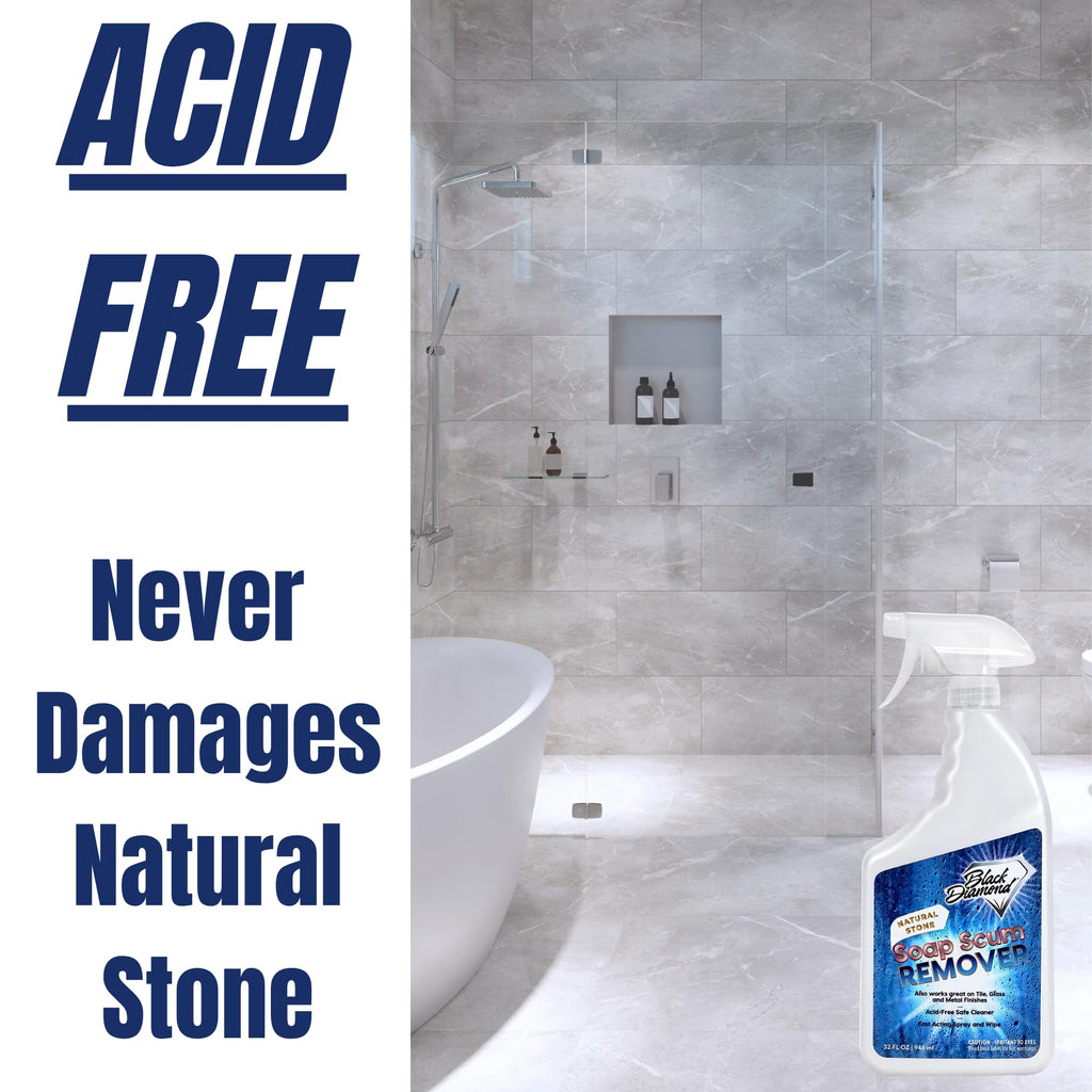 Black Diamond Stoneworks Natural Stone Shower Soap Scum Remover Spray. For Cleaning Bathtubs, Glass Doors, Tubs, Travertine, Marble, Tile. Heavy Duty, Safe Acid-Free Cleaner. Safe for fixtures.