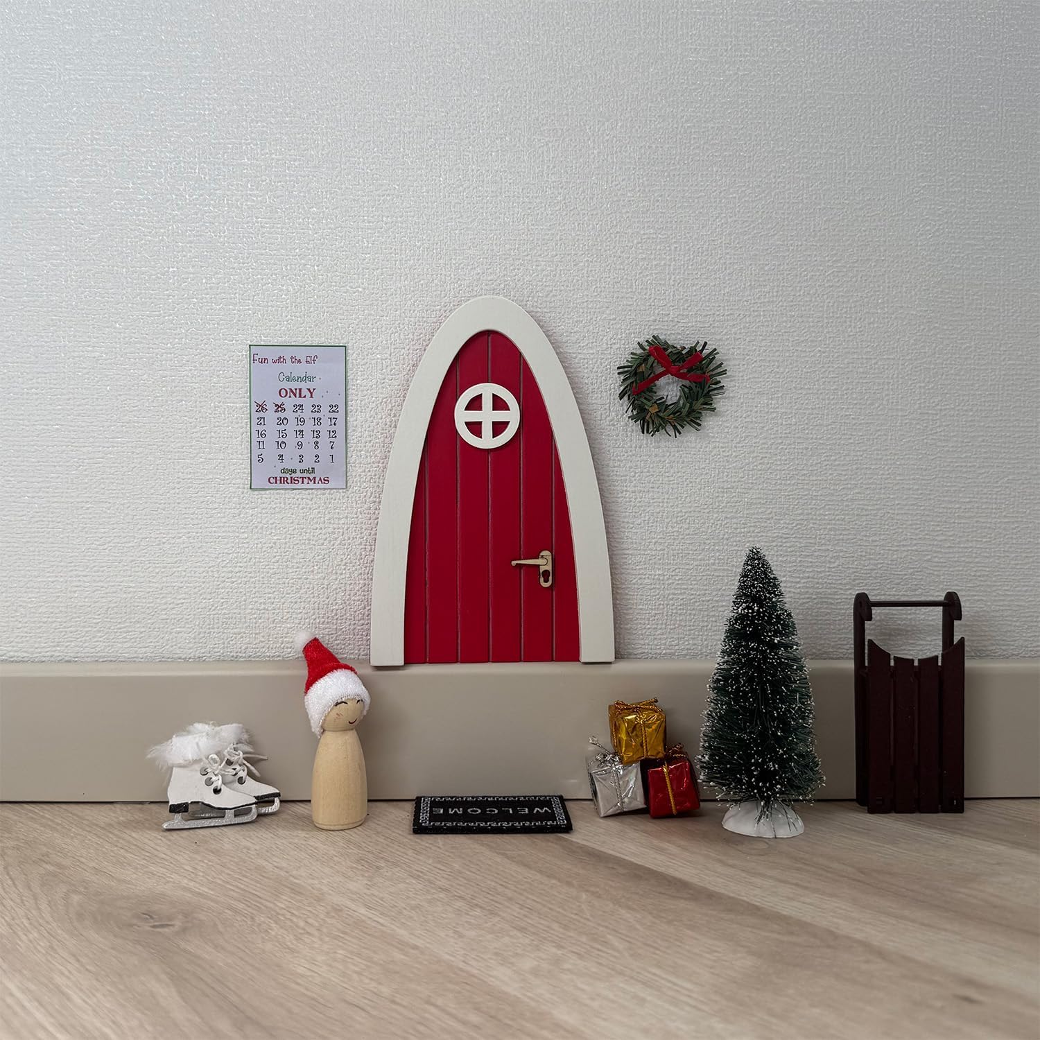 Tonttuovi Christmas Elf Door Kit - Wooden Elf Door with Accessories, Mini Tree & Wreath | 24 Days of Fun Activities