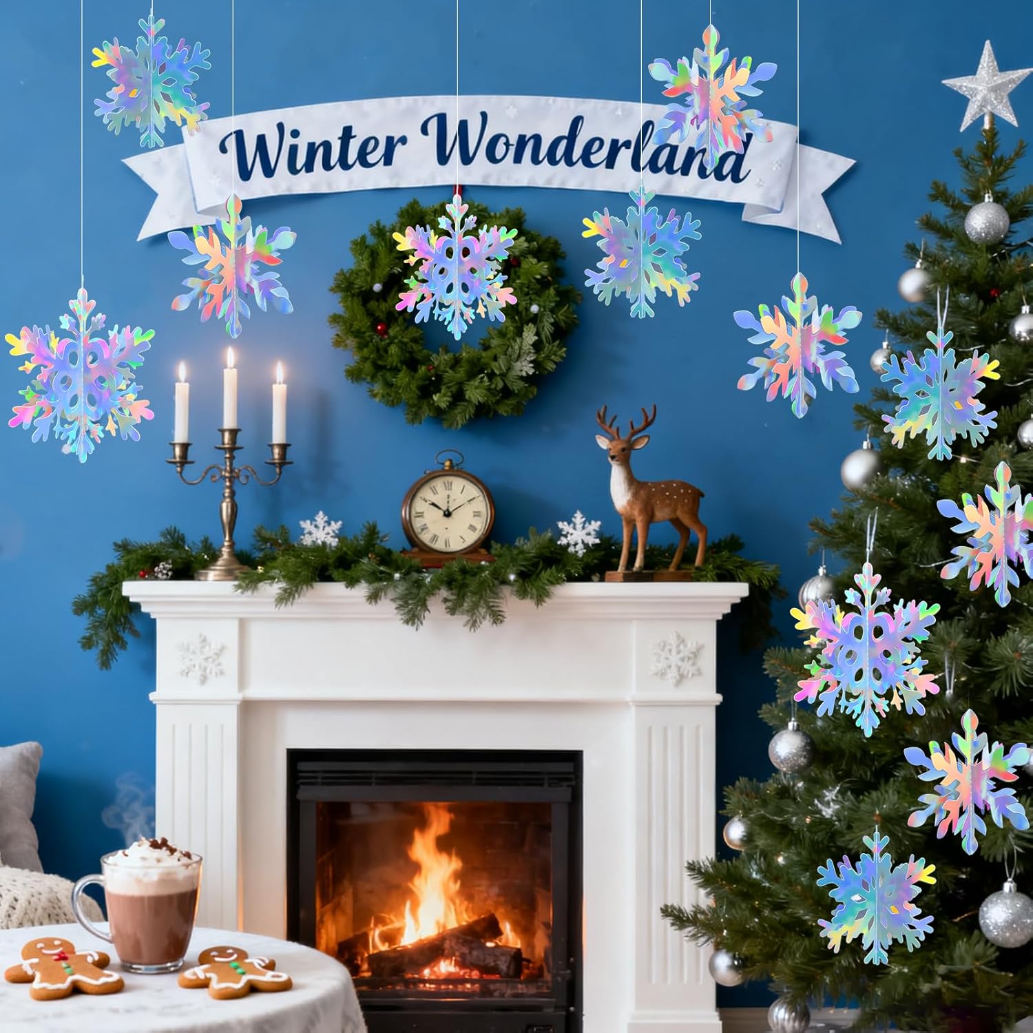 Skiennix 18 Pcs 3D Snowflake Decorations - Iridescent Hanging Ornaments for Winter Wonderland Decor