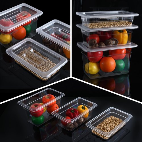 6 Pack 1/4 Size 6'' Deep Clear Food Pans with Lids, Commercial Food Pans Polycarbonate Transparent Food Storage Containers, Stackable Plastic Pan with Capacity Scale, Restaurant Supplies Hotel Pan