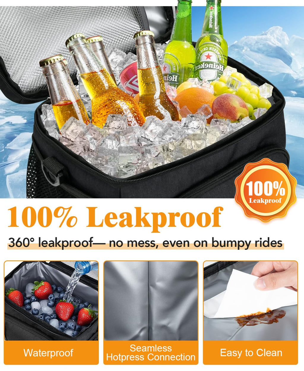 MIAOJIE Insulated Lunch Bag for Men & Women, 9L Leakproof Lunch Box Soft Cooler Tote with 5 Pockets, 600D Oxford, EVA Lining, Adjustable Strap for Work, Picnic, Beach&Travel-Black