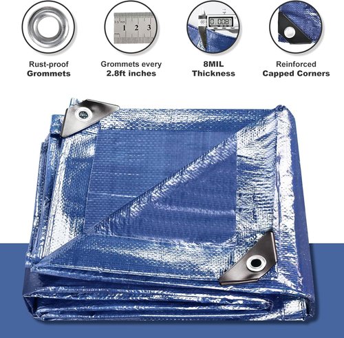 Heavy Duty Blue Tarps by Tarps | Waterproof 10x12 Feet, 8 Mil Thick, Metal Grommets for Outdoor Use
