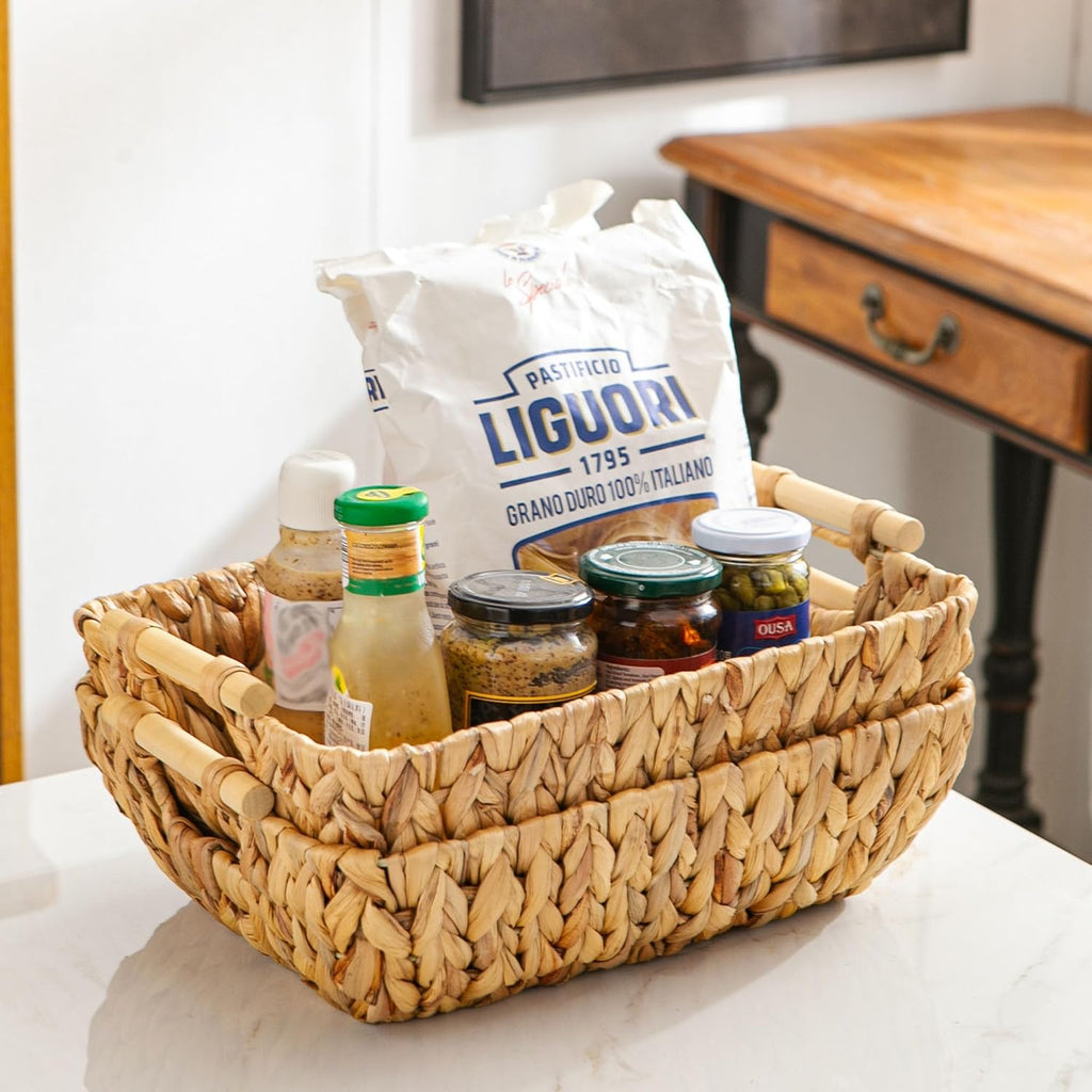 Mowtanco Woven Storage Baskets - Handwoven Water Hyacinth Baskets with Wooden Handles | Set of 2 Medium