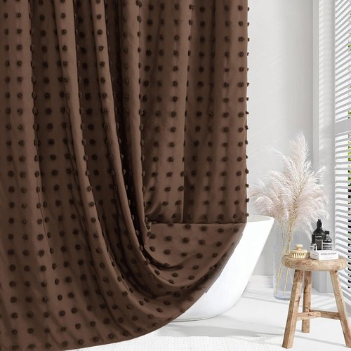 Siiluminisoy Brown Boho Farmhouse Shower Curtain Woven Fabric Shower Curtain, 72 x 72 Pleat Floral Puffs Tufted Textured Modern Farmhouse Minimalist Shower Curtain Set for Bathroom