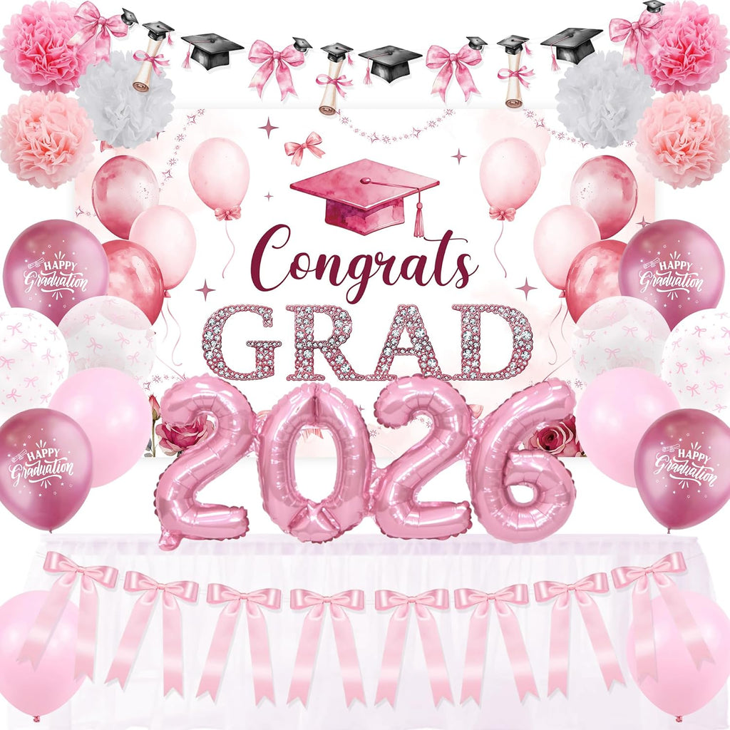 Regine Switzerland Pink Bow Graduation Decorations - 22PCS Party Supplies with Banner & Balloons