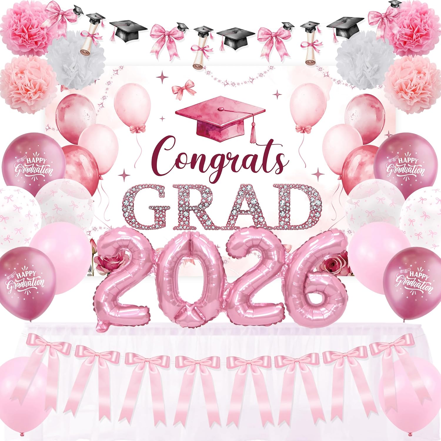 Regine Switzerland Pink Bow Graduation Decorations - 22PCS Party Supplies with Banner & Balloons