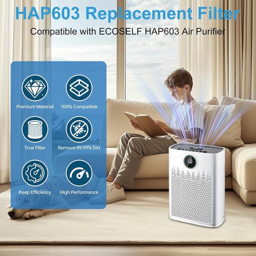 2 Pack HAP603 Replacement Filter Compatible with ECOSELF HAP603WF & HAP603 Air Purifi-er, 3-in-1 True Air Purifi-er replacement filter, HAP603 & HAP603WF, White