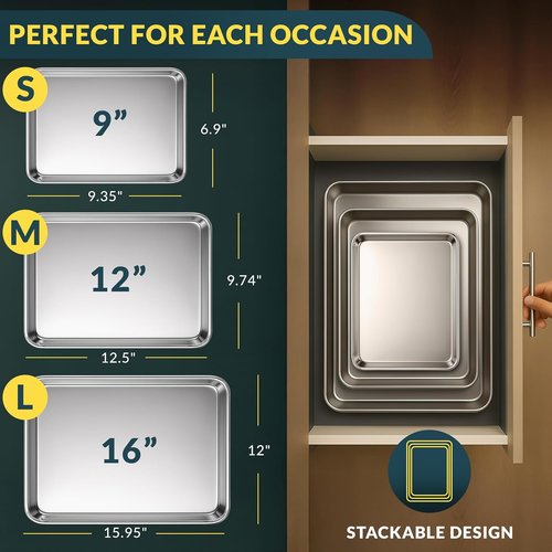 Baker’s Signature Stainless Steel Cookie Sheet Set - Non-Stick, Rust Resistant, Dishwasher Safe | 9/12/16 Inch