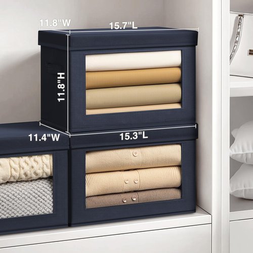 Homsorout Stackable Storage Bins - Large Fabric Closet Organizer Baskets with Lids | 5-Pack, Navy Blue