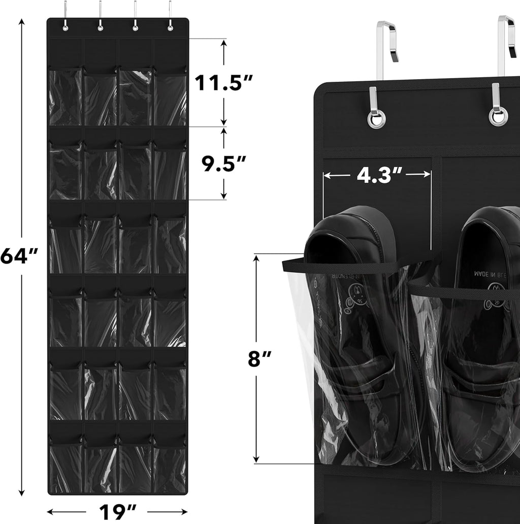 Simple Houseware 24 Pockets Over The Door Hanging Shoe Organizer - Crystal Clear, Black (64'' x 19'')