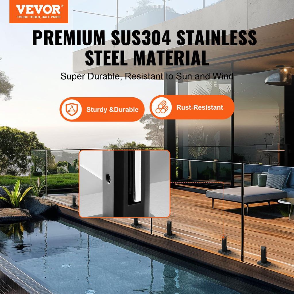 VEVOR Square Glass Railing Bracket - 4 PCS, 304 Stainless Steel, 5/16"-1/2" (8-12mm) Glass Clamp for Balcony, Garden, Deck, Stair