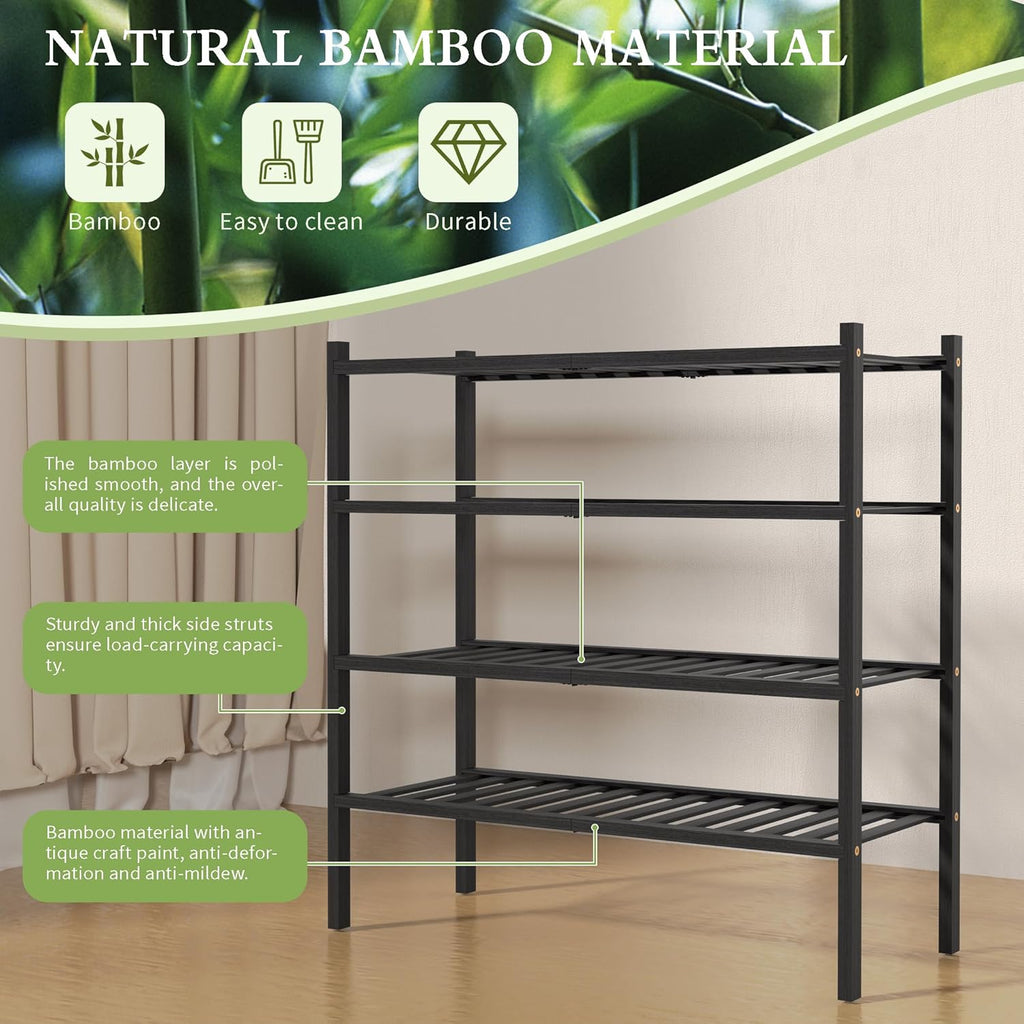 ROMGUAR CRAFT 4-Tier Bamboo Shoe Rack - Free Standing Wood Shelf for Small Spaces | 27"x11"x26" (Black)