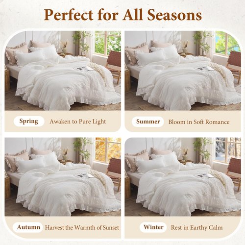 JOLLYVOGUE White Comforter Full Size, 3 Pieces Seersucker Lightweight Full Size Bedding, All Season Fluffy Microfiber Bedding Comforter Set with 1 Ruffle Comforter and 2 Ruffle Pillowshams