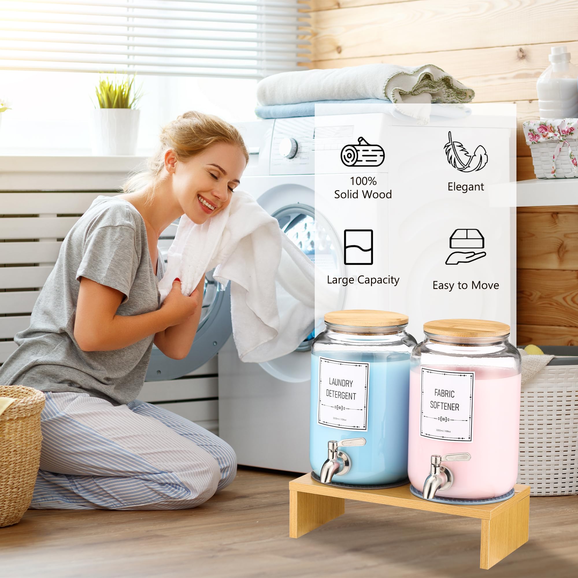 Laundry Detergent Dispenser. 0.9 Gallon Glass Laundry Soap Liquid Laundry Detergent Dispense. Fabric Softener Dispenser With Stand and Bamboo Lid. Laundry Room Organization and Storage