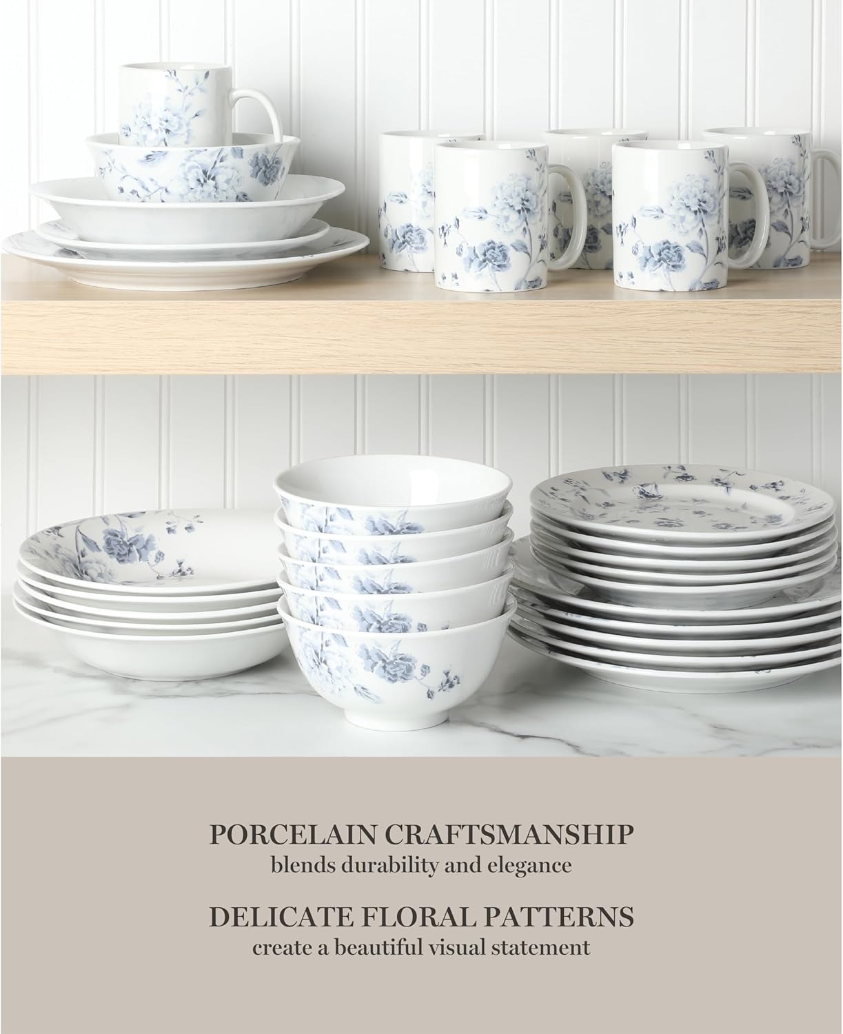 Martha Stewart Empress Bouquet Dinnerware Set - 30 Piece Porcelain Plates & Bowls | Chip & Scratch Resistant, Blue Floral