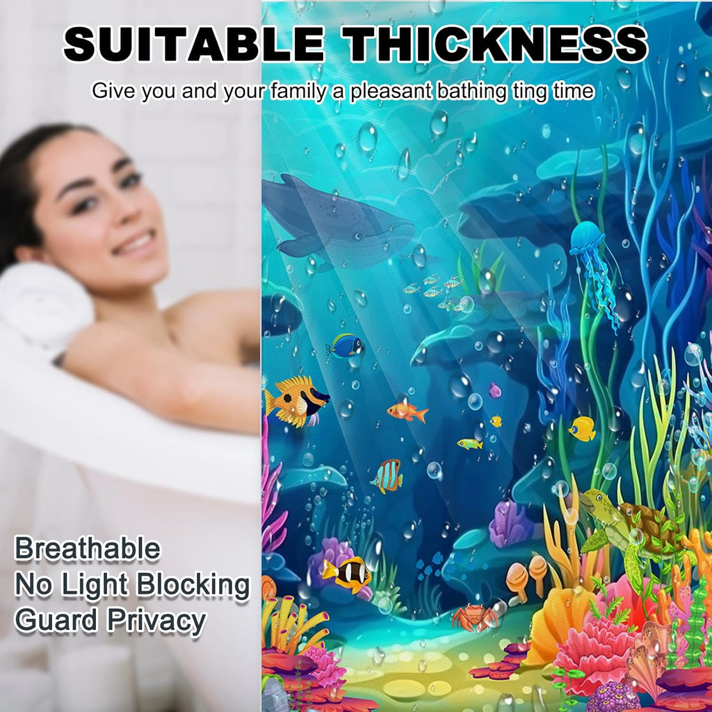 Skiennix Ocean Shower Curtain Set - Tropical Underwater World Design with Non-Slip Bath Rugs | 4-Piece Kids Bathroom Decor