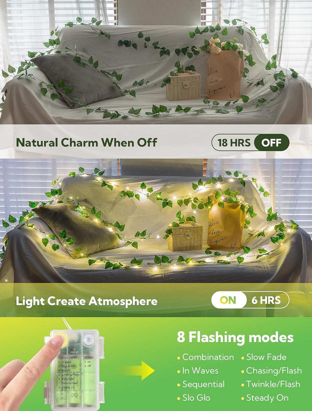Woohaha Ivy String Lights - 23ft 73LED Battery Operated Fairy Lights for Bedroom, Garden & Party Decor | Warm White