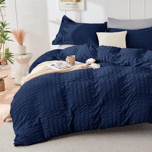 HYMOKEGE California King Comforter Set - Luxury 7-Piece Seersucker Bedding in Navy Blue & Light Grey