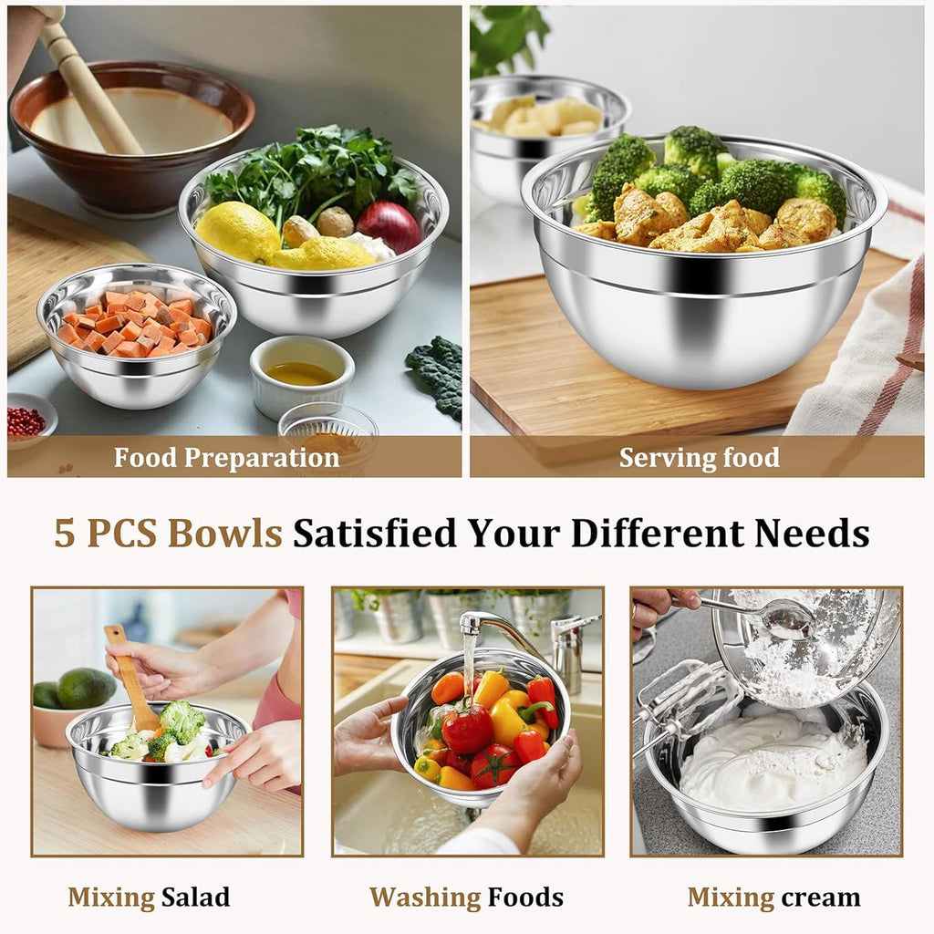 P&P CHEF Mixing Bowls Set of 5 - Stainless Steel Airtight Lids for Kitchen Prep & Storage | Khaki, 0.7-4.6 QT