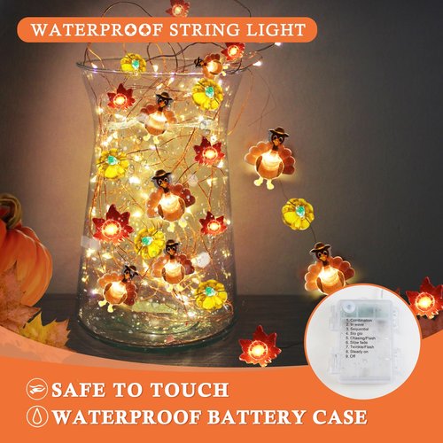 [Timer, 8 Modes]10Ft 30LED Thanksgiving Lights Decoration, Battery Operated Copper Wire String Lights Thanksgiving Turkey Maple Pumpkin Lights Thanksgiving Lights Indoor Home Autumn Harvest Fall Decor