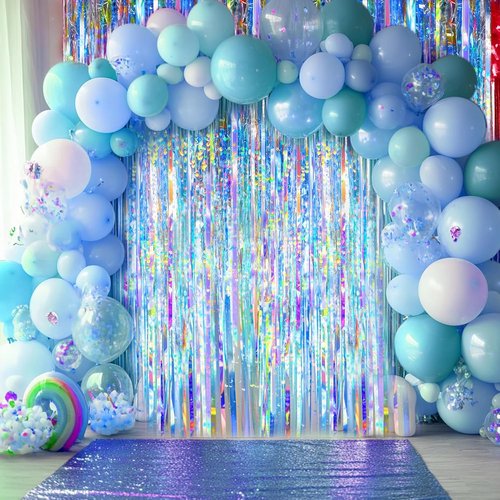 Iridescent Foil Fringe Curtain by [Brand Name] - Neon Holographic Tinsel Backdrop for Parties | 2 Packs