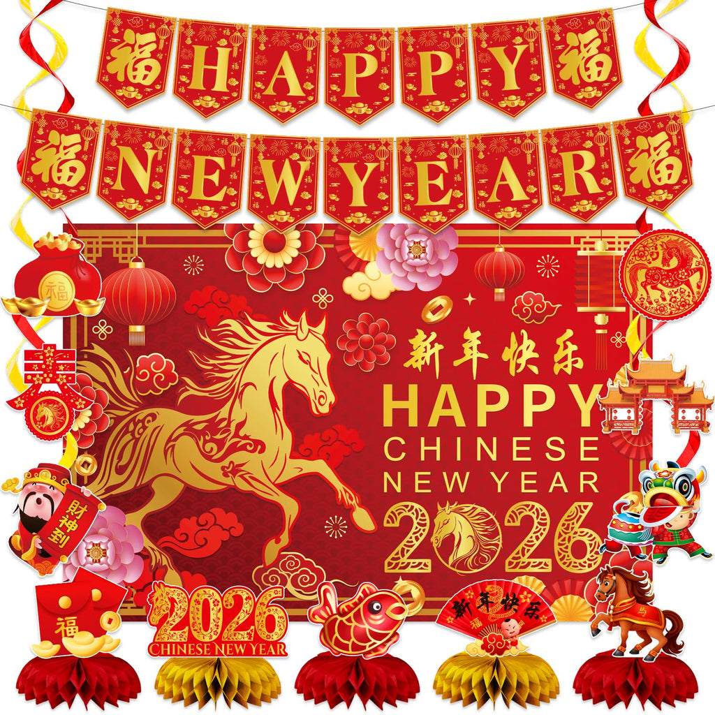 Chinese New Year Party Decorations,Include Lunar New Year Banner,Hanging Swirls,Background and Honeycomb Centerpieces for Spring Festival Celebrations Decorations.