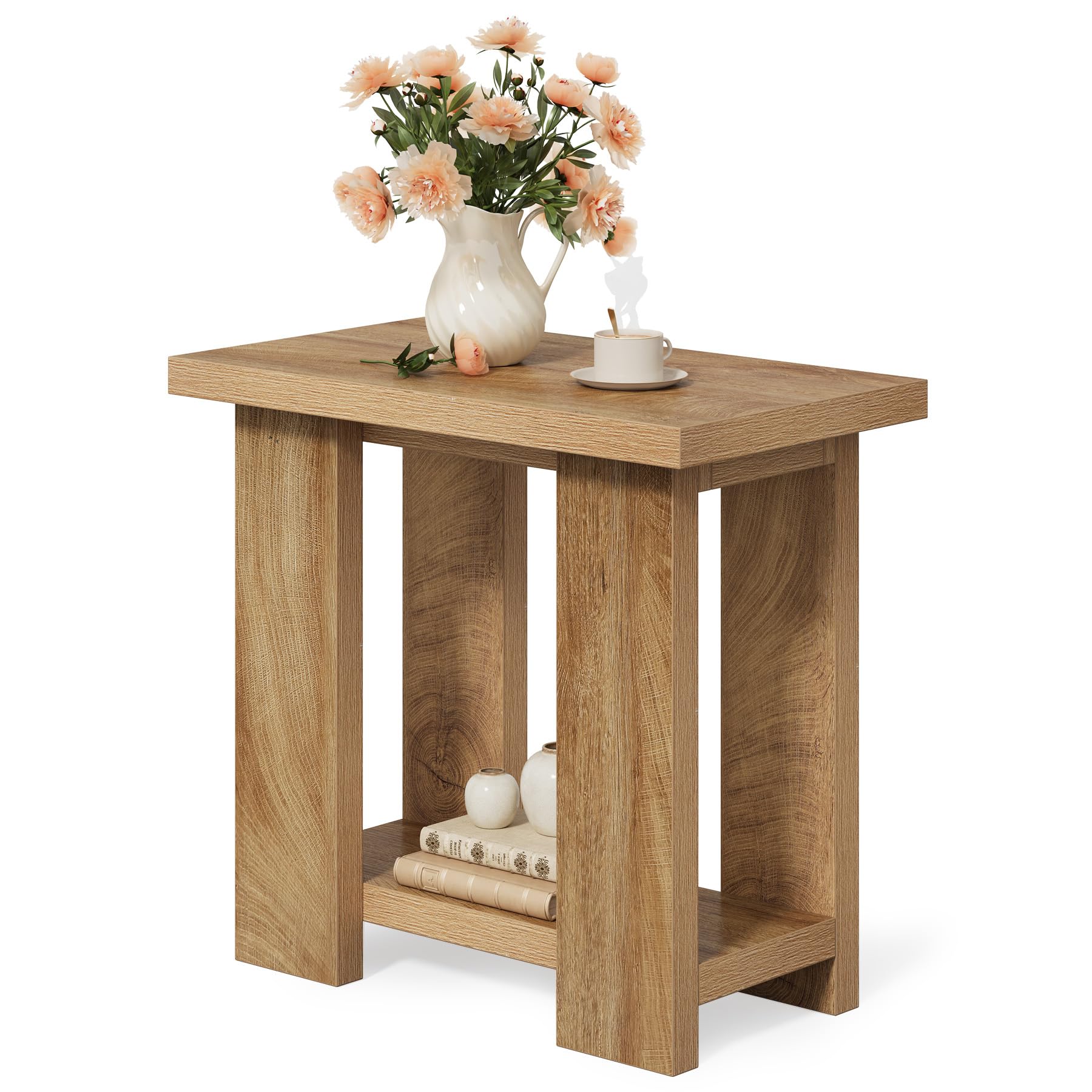 LITTLE TREE 2-Tier Side Table, Farmhouse End Table with Storage Shelves, Small Nightstand Wooden Beside Table Bed Side Table for Small Spaces, Living Room, Bedroom, Light Brown