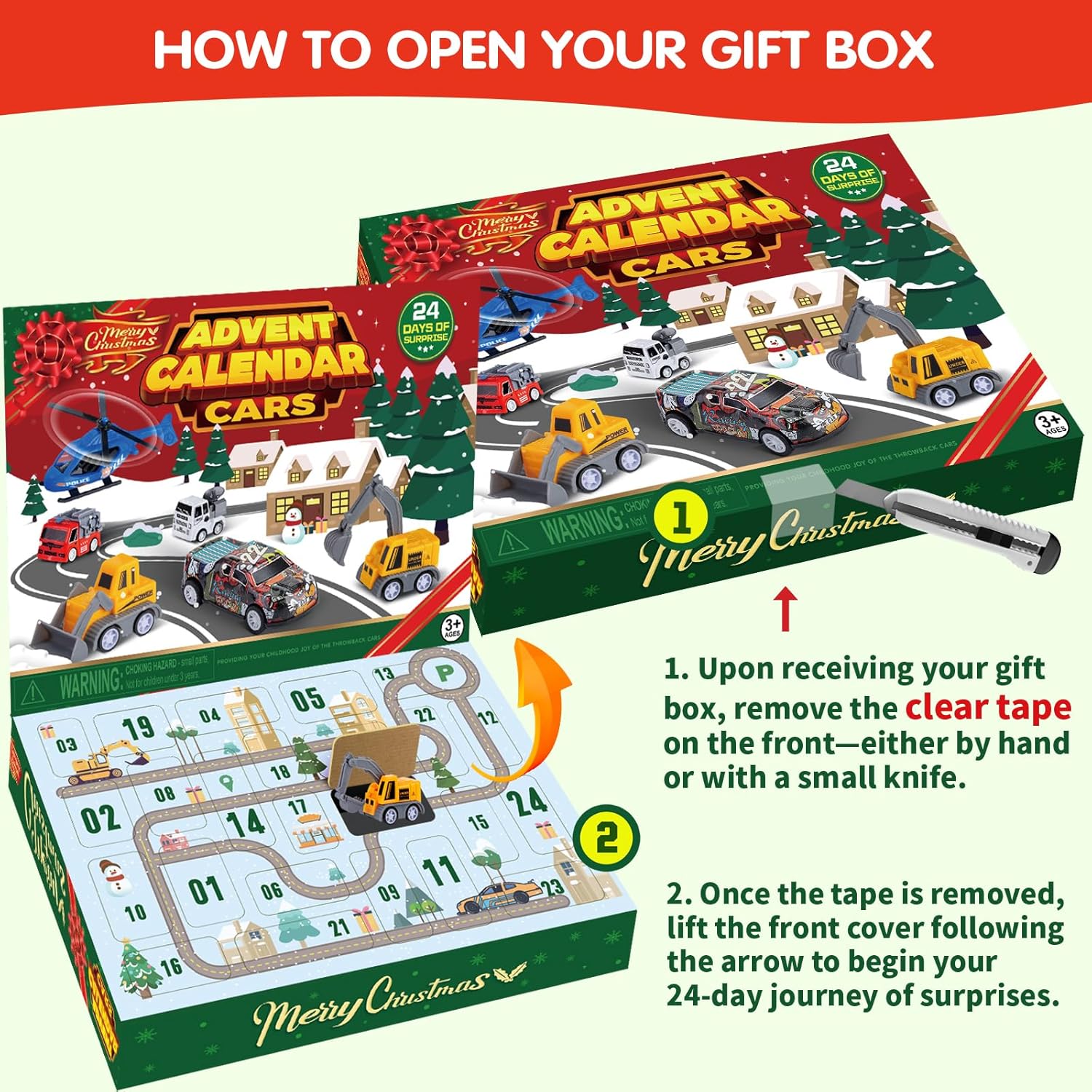 Quanquer Kids Advent Calendar - 24 Days Christmas Countdown with Pull Back Cars for Boys & Toddlers