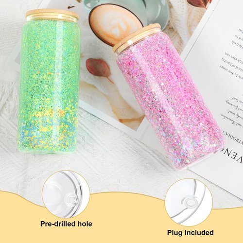 Maucircol 20 Oz Snow Globe Tumbler, 6 Pack Pre-Drilled Sublimation Glass Cup For Glitter Snow Globe Diy, Double Wall Sublimation Glass Tumbler