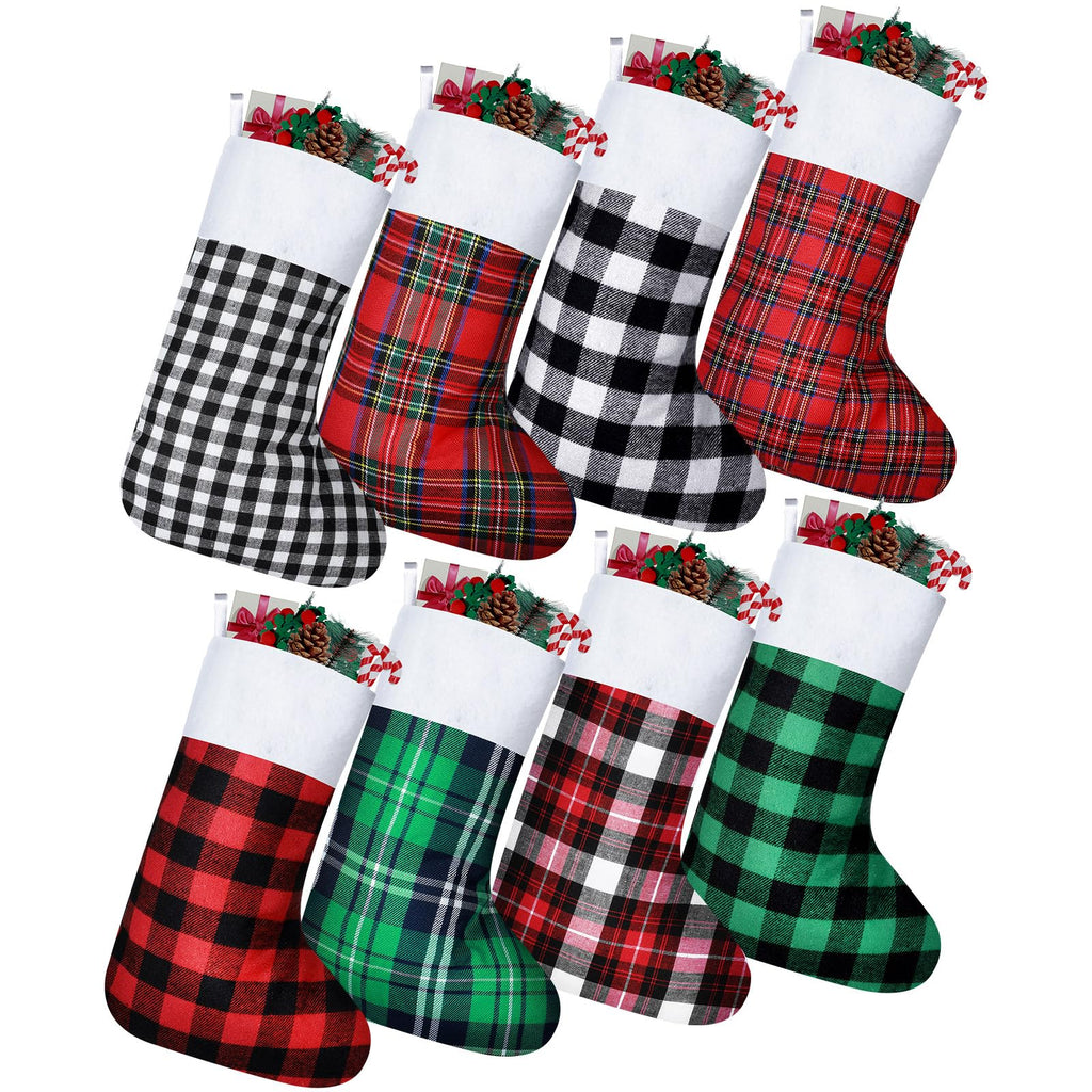 Tatuo 8 Pieces Buffalo Plaid Christmas Stockings Bulk Fireplace Hanging Stockings Xmas Indoor Outdoor Decorations for Family Party Christmas Tree(20 Inches)