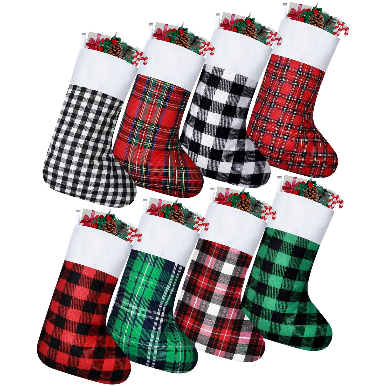 Tatuo 8 Pieces Buffalo Plaid Christmas Stockings Bulk Fireplace Hanging Stockings Xmas Indoor Outdoor Decorations for Family Party Christmas Tree(20 Inches)