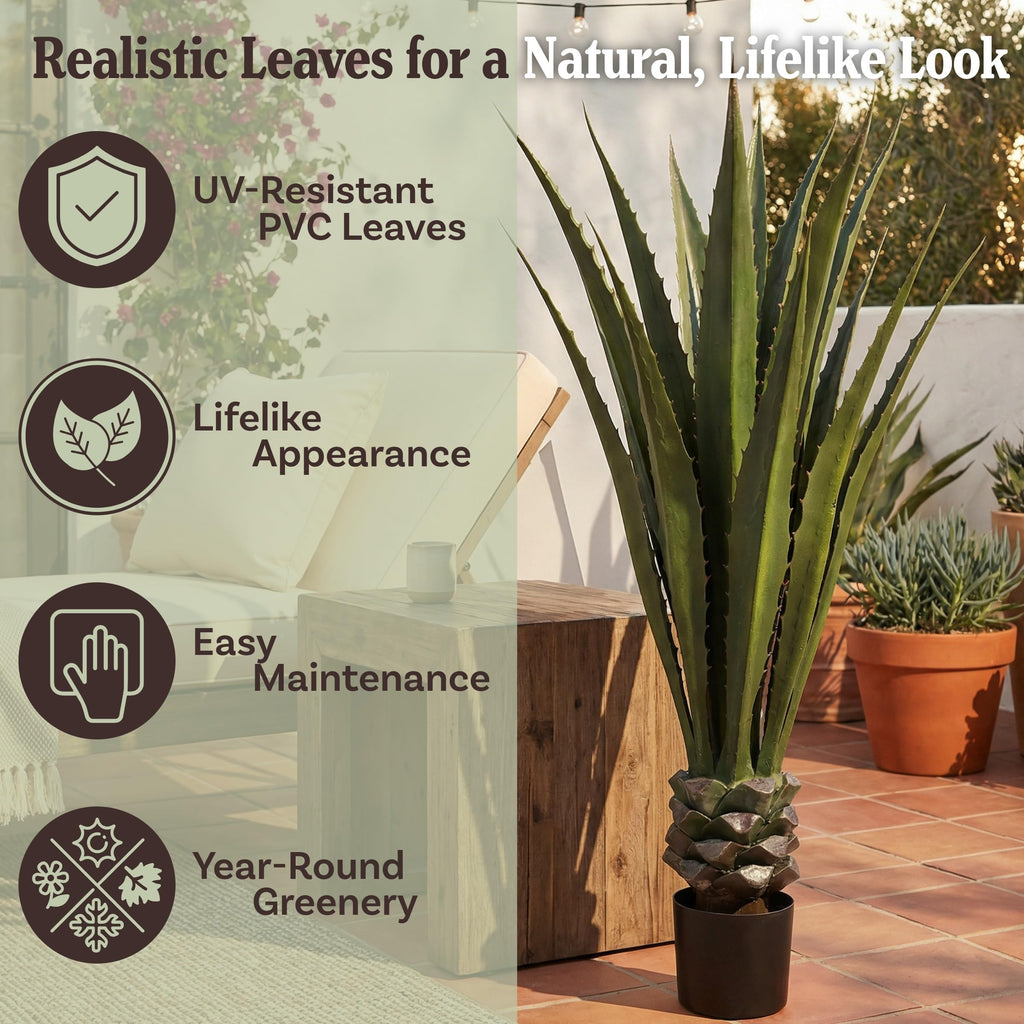 Pure Garden Giant Agave Fake Plant - 52-Inch Faux Succulent with Pot - Modern Artificial Trees for Home Decor Indoor and Outdoor Blend Southwestern Style