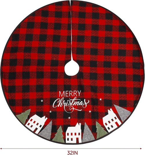 Juegoal 32-Inch Christmas Tree Skirt - Soft Red and Black Plaid Xmas Tree Mat for Holiday Decor