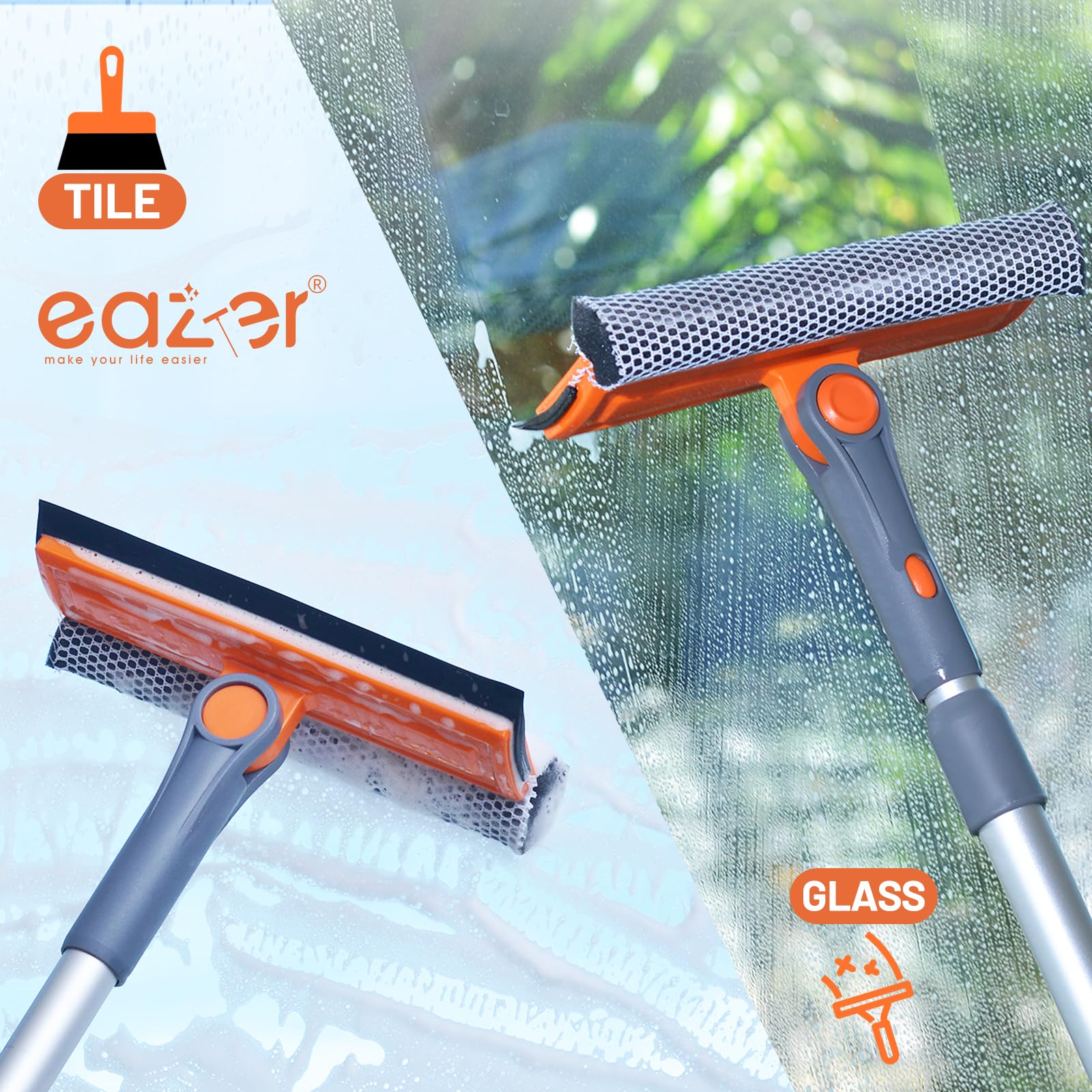 eazer Professional Window Squeegee, 2-in-1 Rotatable Squeegee for Window Cleaning Kit, Window Cleaner Tool, Window Washing Equipment Kit with Extension Pole (20''-30'') for Shower/Windshield