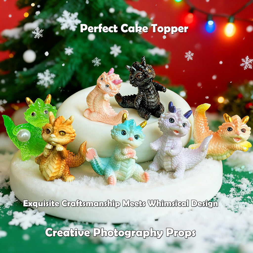 Skiennix Cute Mini Baby Dragon Figurines Set - Resin Cake Toppers & Fairy Garden Decor | Perfect Party Favors