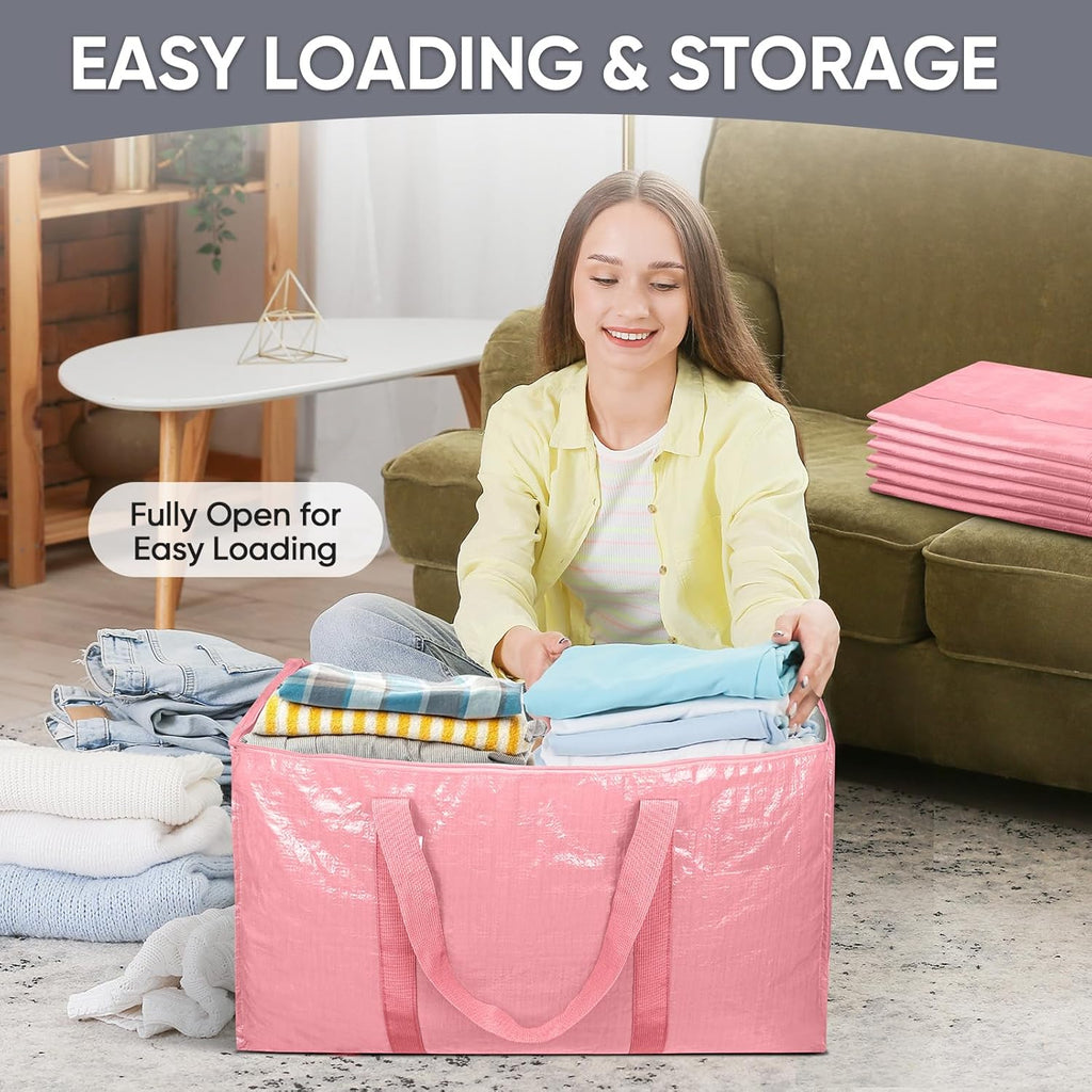 TICONN Extra Large Heavy-Duty Moving Bags - Durable Storage with Zippers & Handles | 8 Pack, Coral