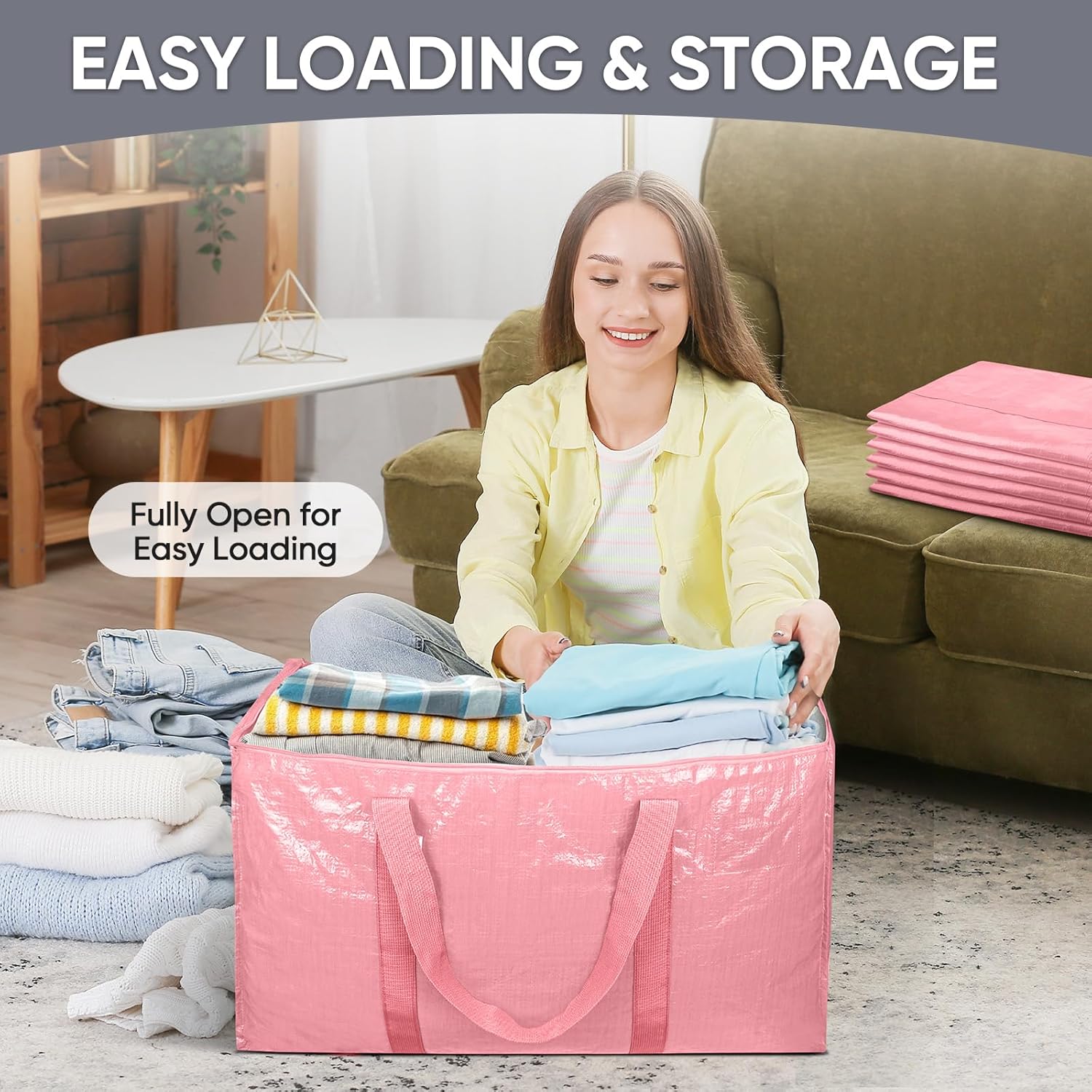 TICONN Extra Large Heavy-Duty Moving Bags - Durable Storage with Zippers & Handles | 8 Pack, Coral