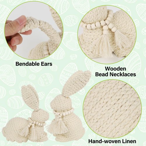 DR.DUDU 2 Pack Easter Bunny Figurines Decor, Rabbit Figurine Table Decorations, Spring Bunnies Decoration Cotton Woven Statue for Home Indoor Centerpieces Fireplace Farmhouse Gifts (Beige)